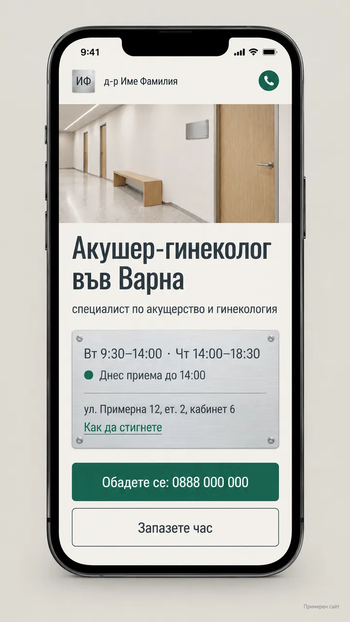 Лекар специалист: първият екран на примерния сайт на телефон