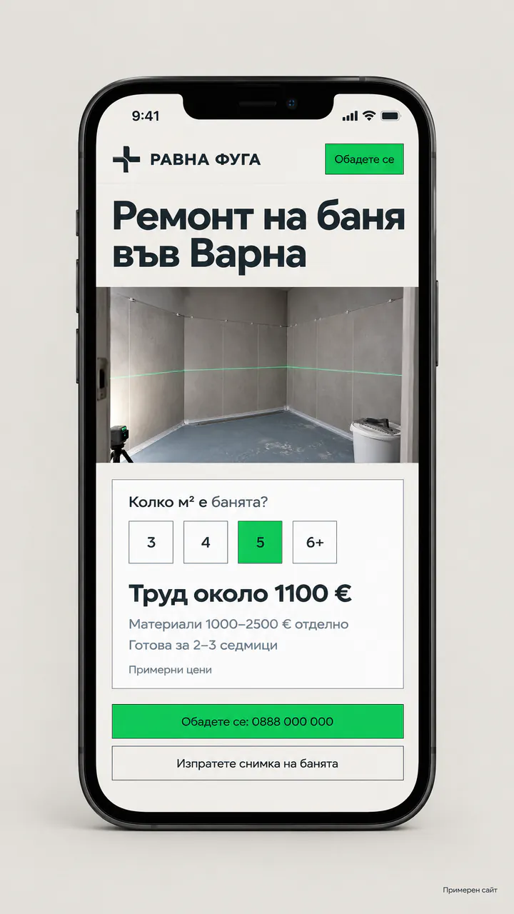 Ремонт на баня: първият екран на примерния сайт на телефон
