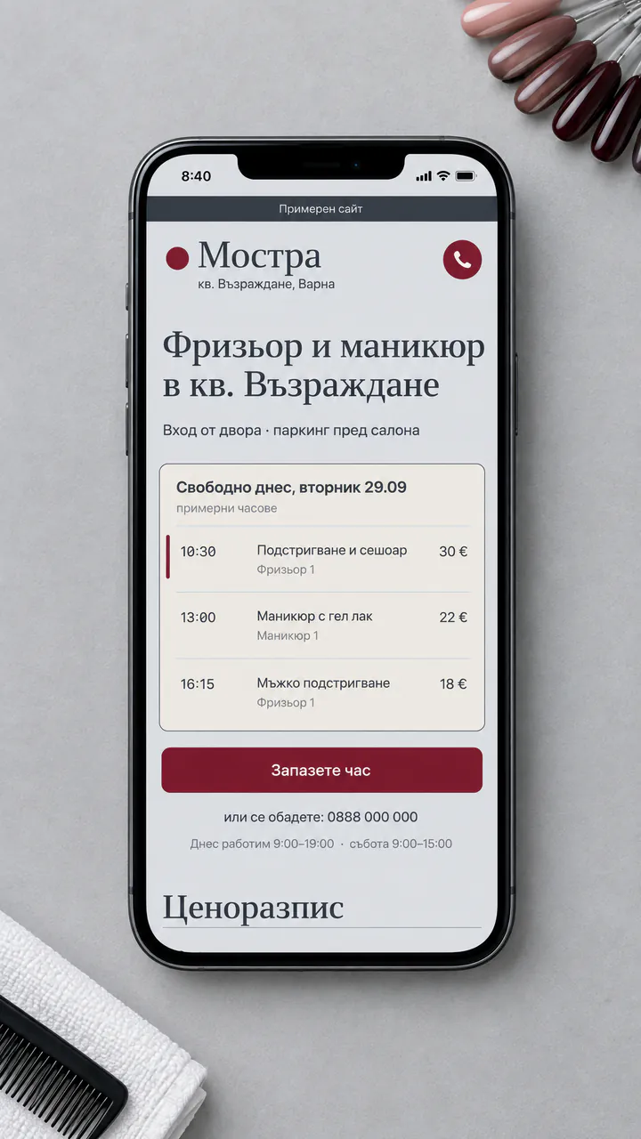 Салон за красота: първият екран на примерния сайт на телефон