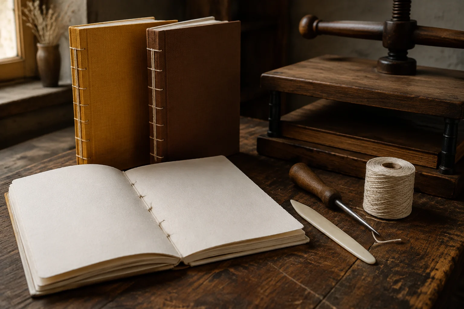 Ръчно подвързана книга, хартия, плат и книговезки инструменти върху работна маса